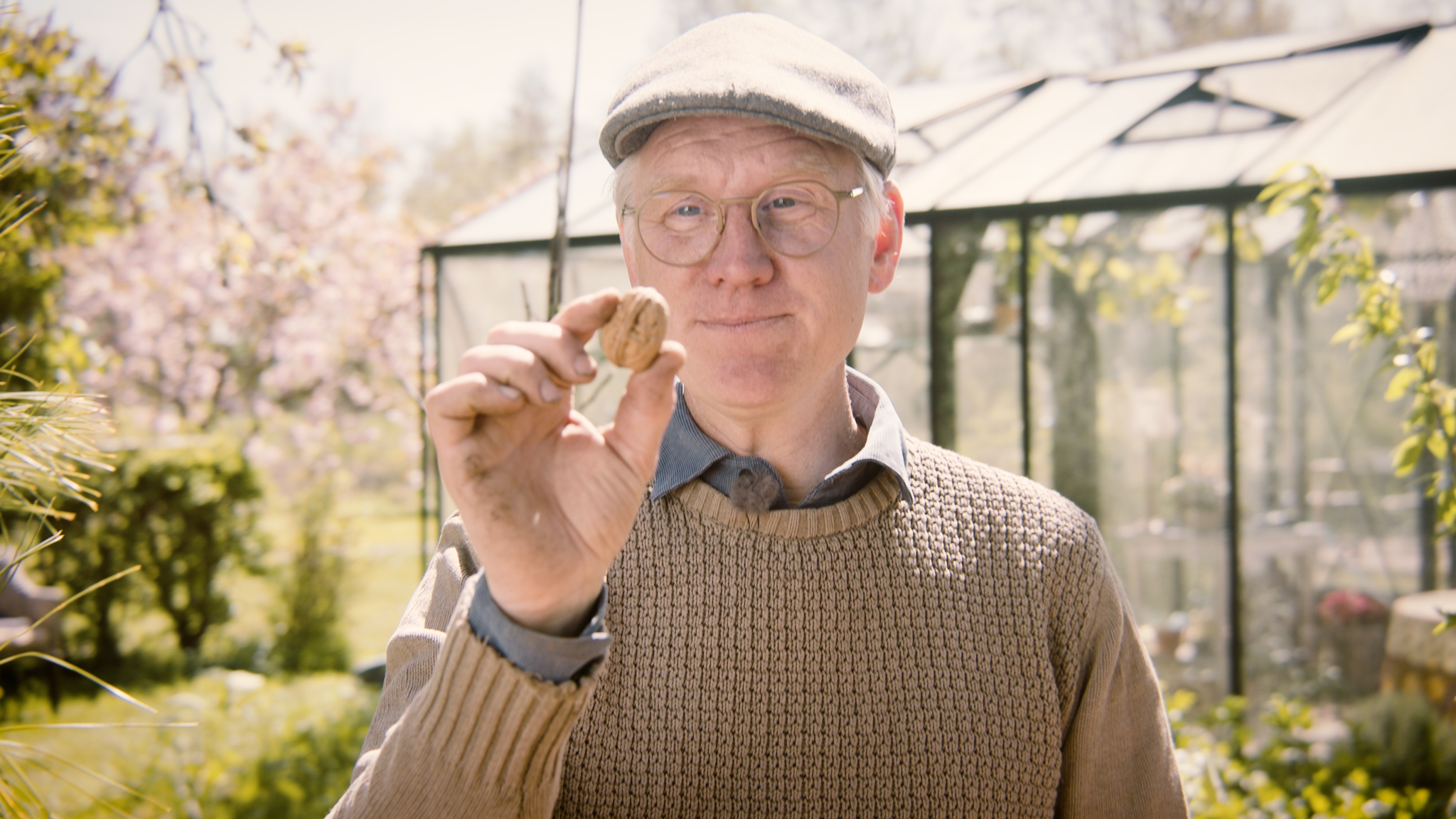 Göran Christiansson från föreningen Nötverket som håller upp en valnöt.